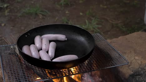 close up shot of a young child throwing a sausage onto a frying pan over a campfire