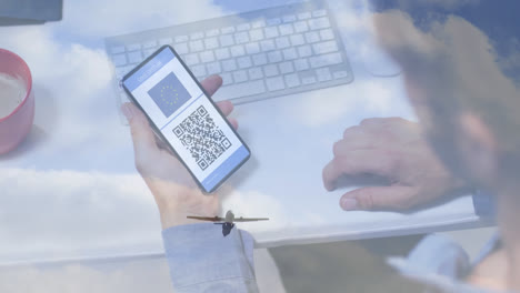 animation of man holding smartphone with covid 19 vaccination passport over airport