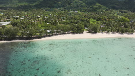 drone high angle overview of aroa beach lagoon marine reserve in south pacific, rarotonga cook islands with crystal clear waters