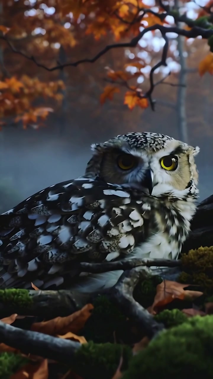 Verticale video: Reagerend op camerabenadering, zittende uil draait hoofd naar camera op bemoste tak