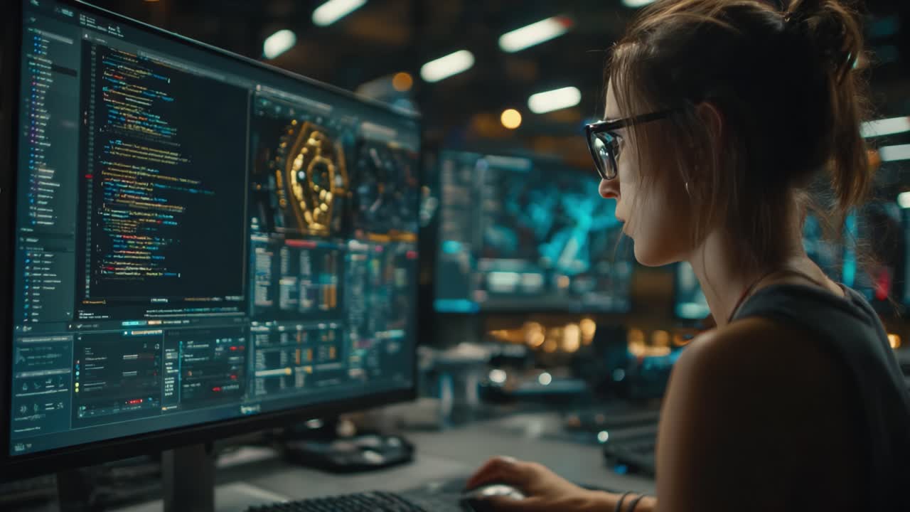 A focused programmer meticulously analyzes complex code and data visualizations on multiple monitors in a high-tech, immersive workspace, exemplifying the future of coding and technology