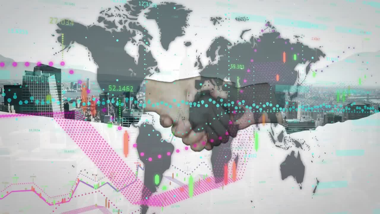 animación del procesamiento de datos financieros sobre personas que se dan la mano