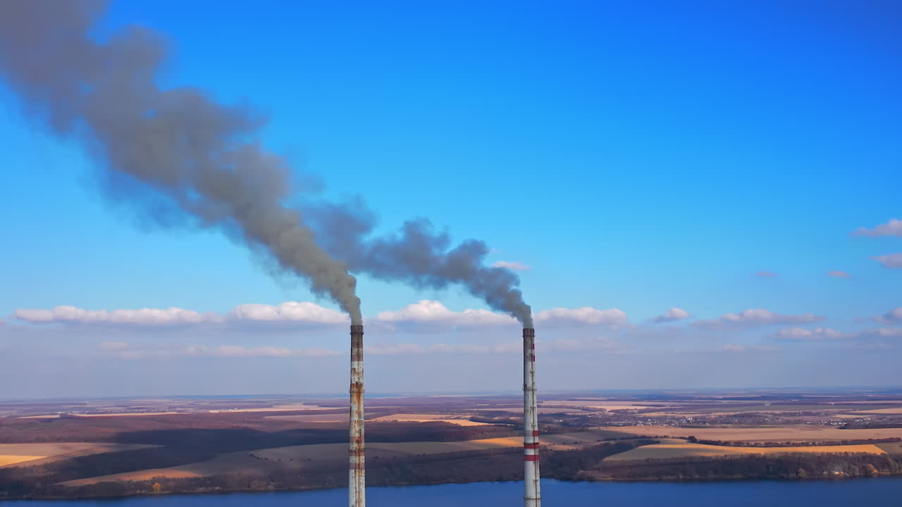 Smoking from factory tube. Toxic production company enterprise. Full length view