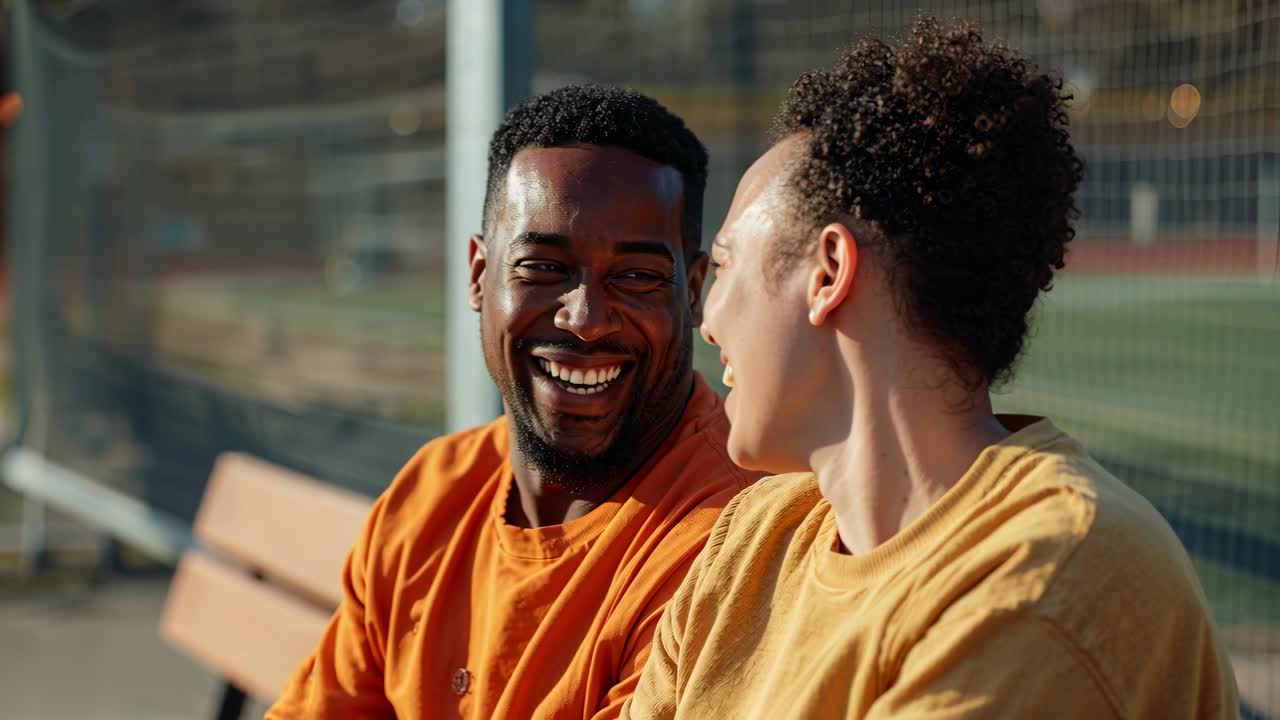 Laughing couple wearing orange yellow sweats prompted by man joking on bench by sports field fence