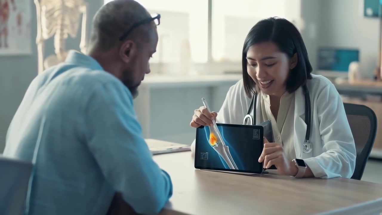 Doctor Explaining Knee Scan to Patient on Digital Tablet