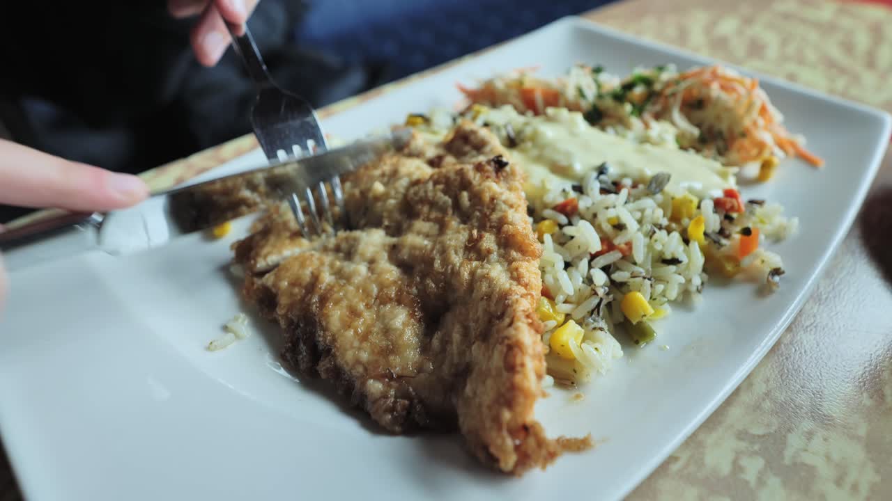 Close-up of child dining - schnitzel, rice, and fresh salad complement the meal