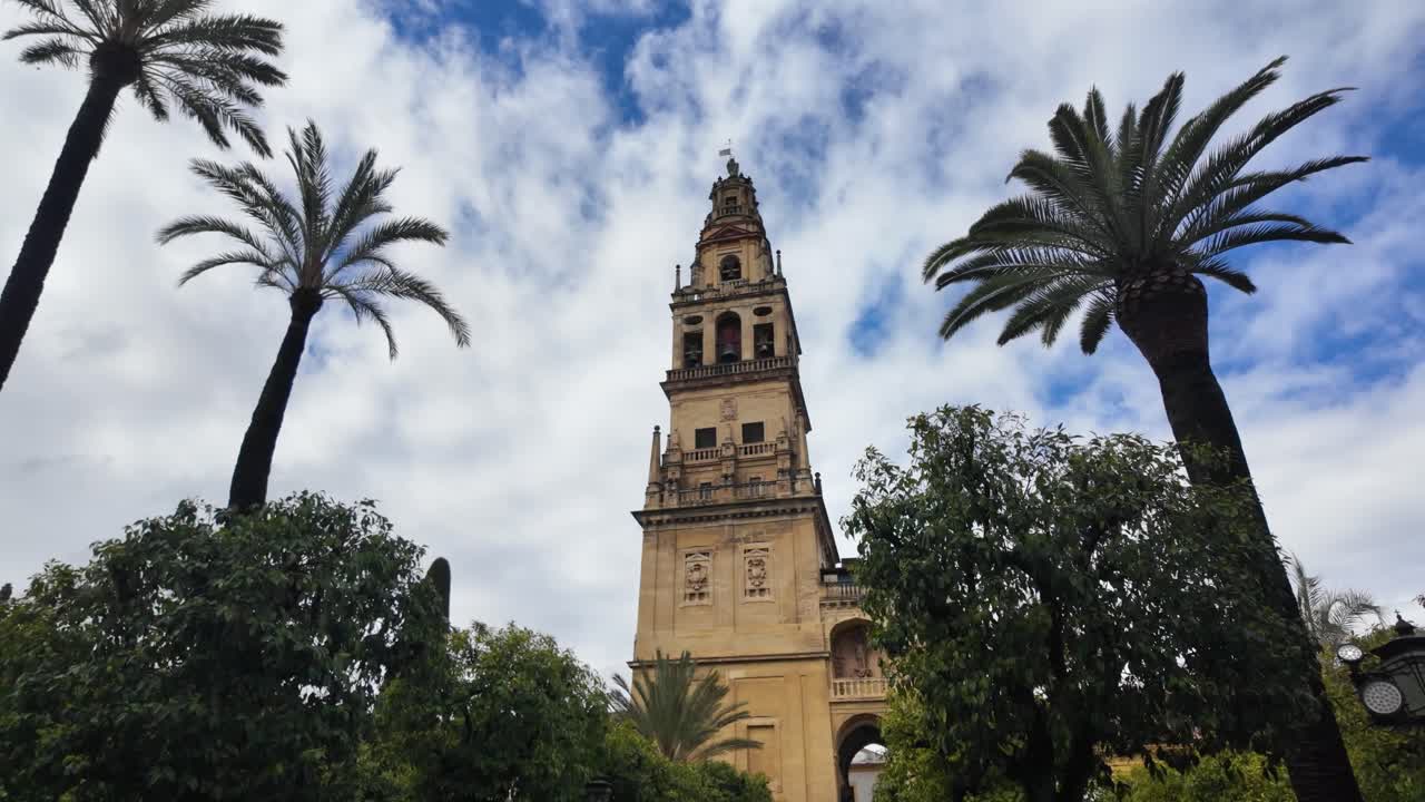 Slow-motion video of Mezquita-Catedral tower with palm trees