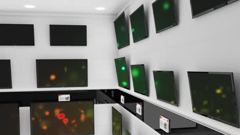 animation of rows of television sets in store with glowing screens with copy space