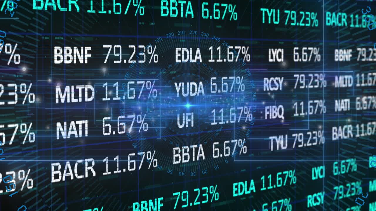 Animation of stock market data processing over blue round scanner against black background