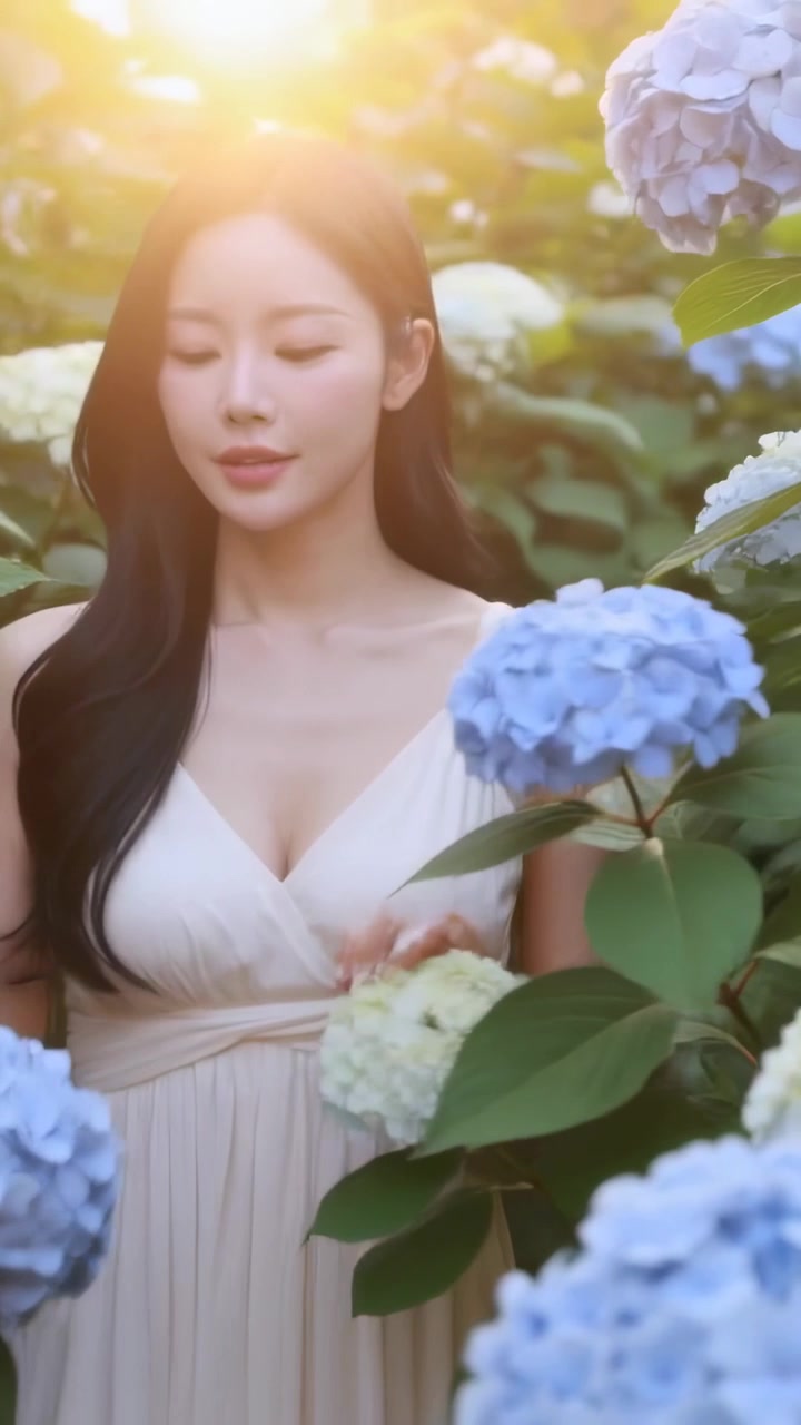 縦型動画：太陽の光が差し込む庭で、アイボリーのVネックドレスを着た女性がアジサイに触れ、見とれている様子