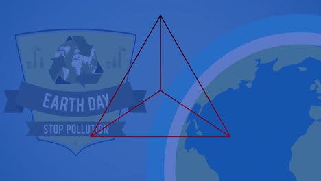 Animation-of-red-triangle-over-blue-globe-and-blue-background