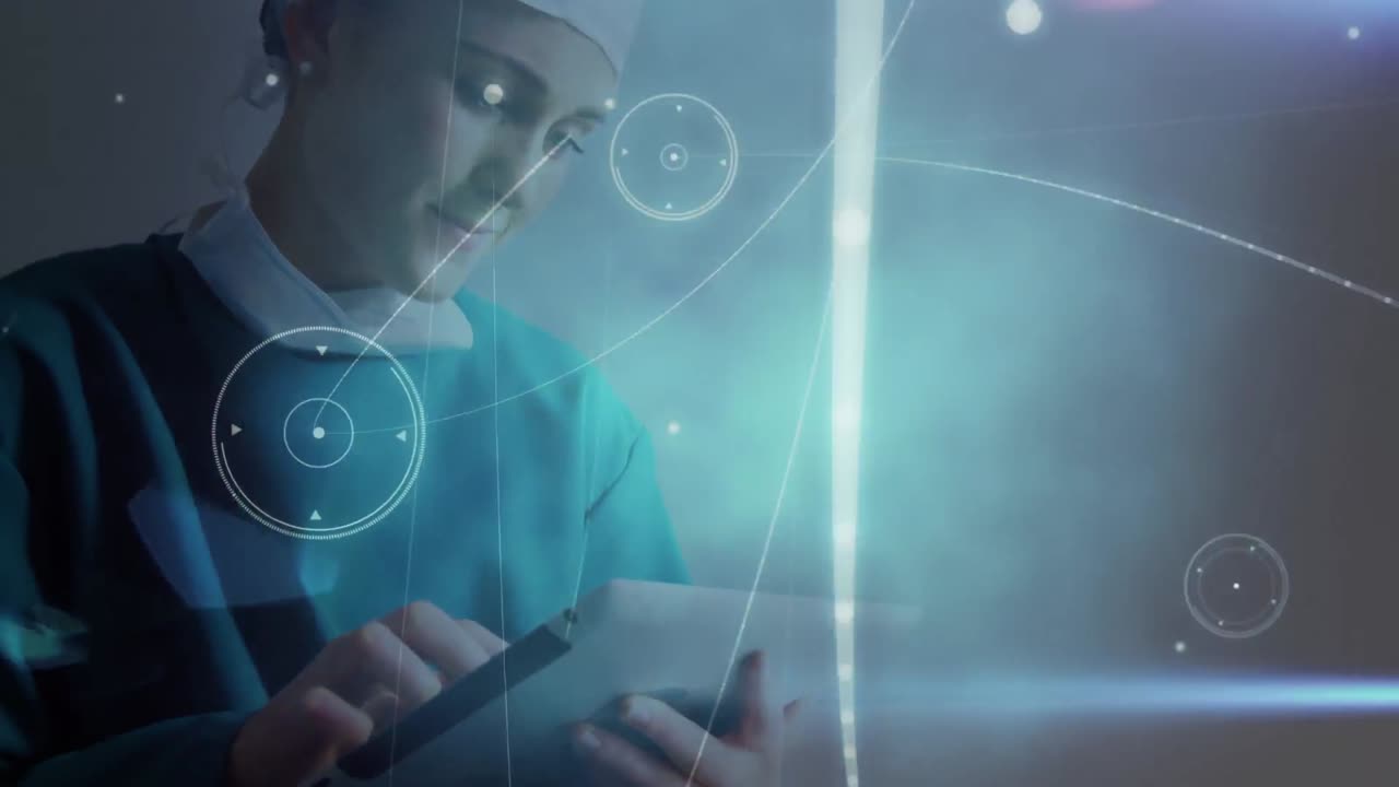 animación de la red de conexiones a través de una cirujana caucásica que usa una tableta