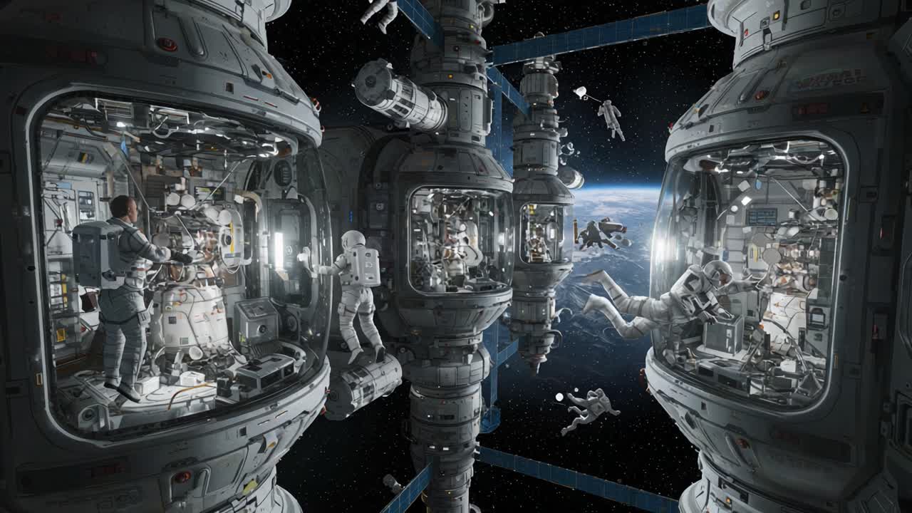 Captivating Space Station Activity: A Glimpse into Astronauts' Lives, Exploring Scientific Research, Technical Maintenance, and Human Collaboration Amongst the Stars
