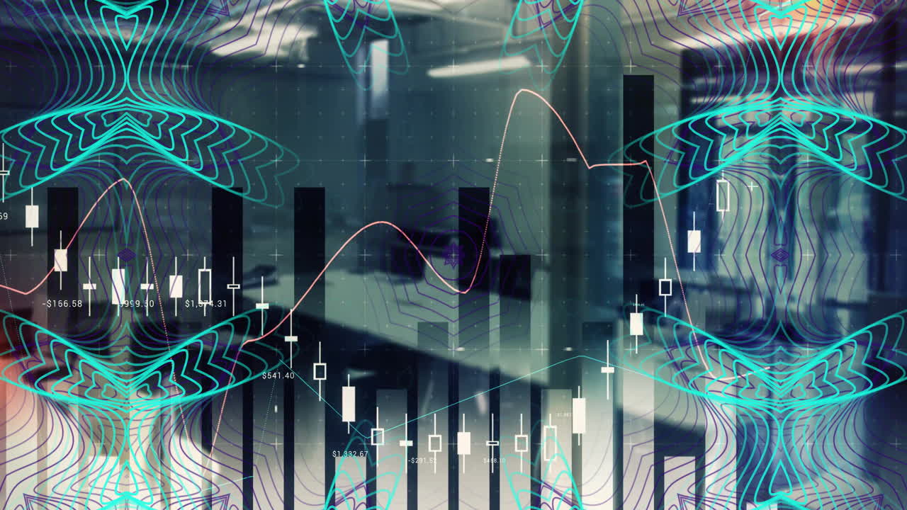 In office, animation of financial data charts overlaying abstract patterns on screen