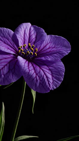 purple flower with yellow stamens on black background