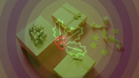 animación de neón bay y santo sobre regalos de navidad y círculos púrpuras