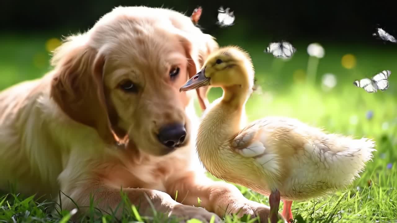 A Heartwarming Bond: A Golden Retriever and a Duckling Enjoying a Playful Moment Together in a Sunny Meadow Surrounded by Nature's Beauty