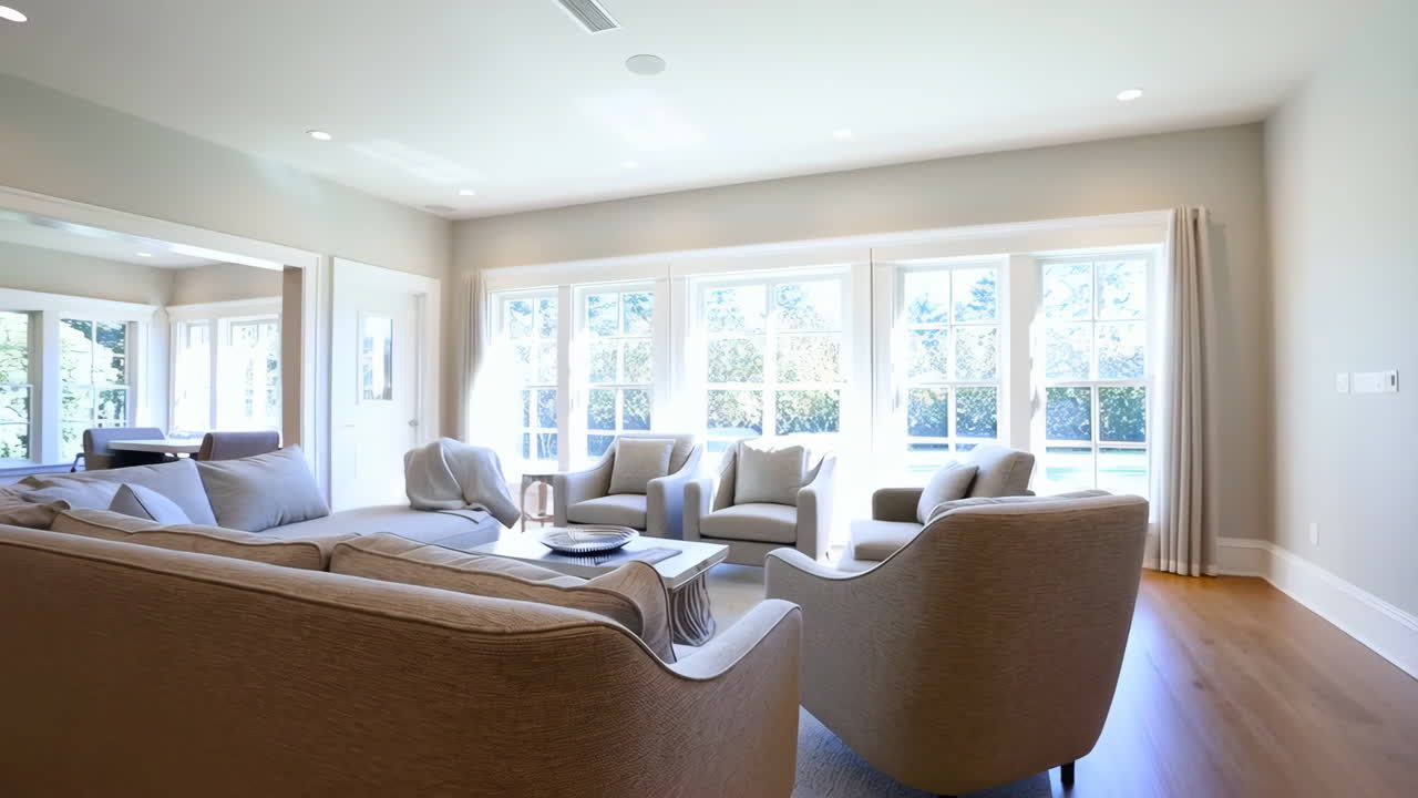 A bright and spacious modern living room with neutral furniture and large windows