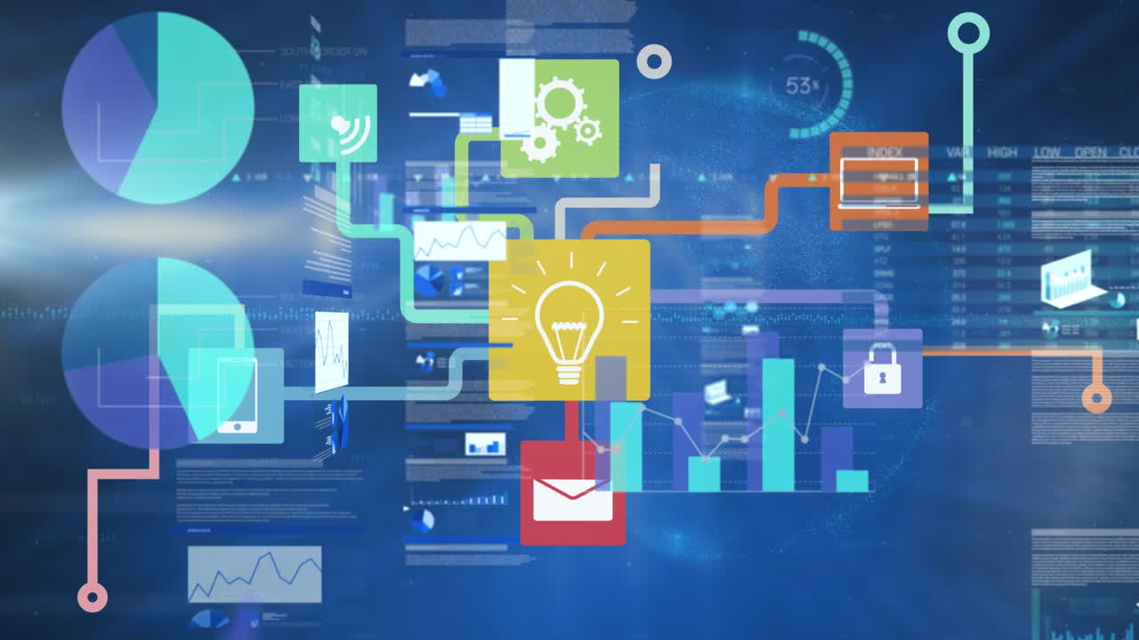 파란색 배경에 연결 네트워크와 금융 데이터 처리의 애니메이션