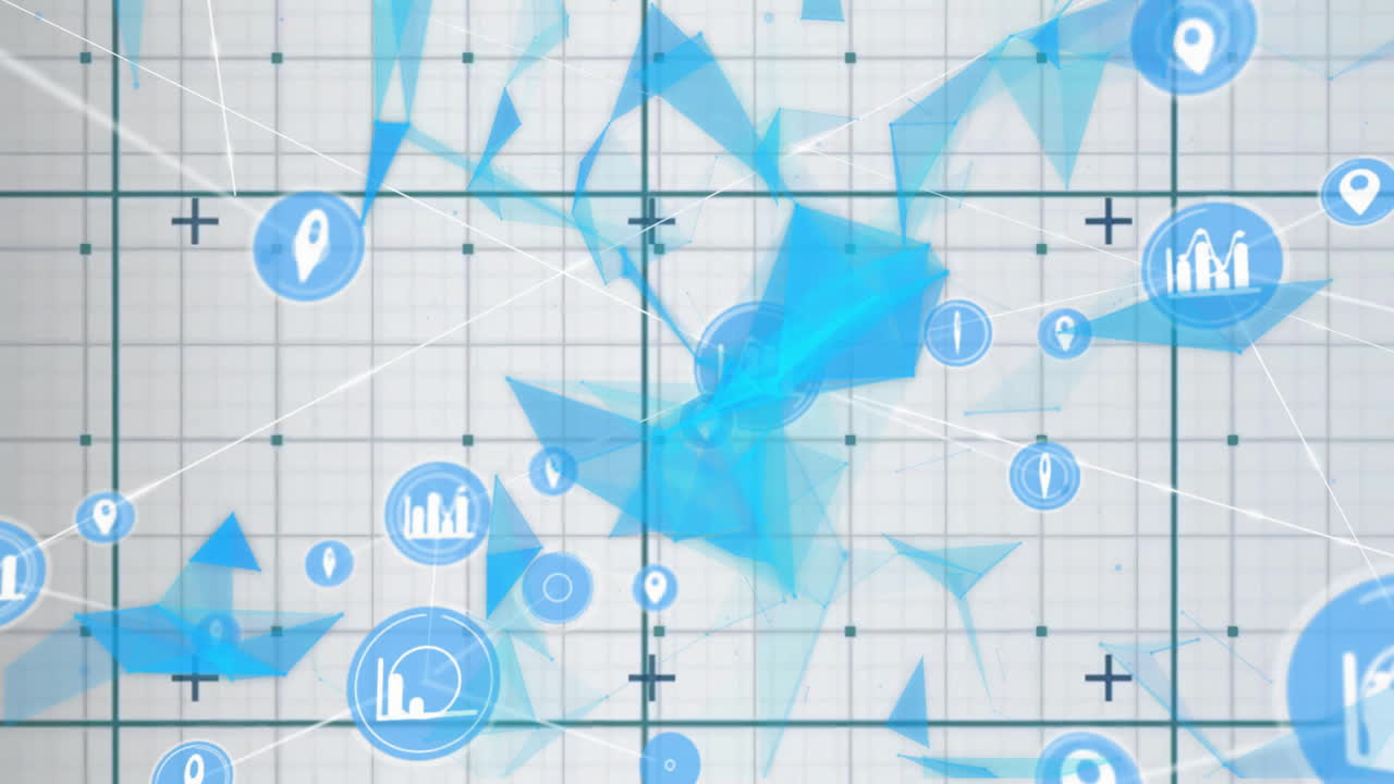 Animation of blue geometric shapes with data icons on grid background