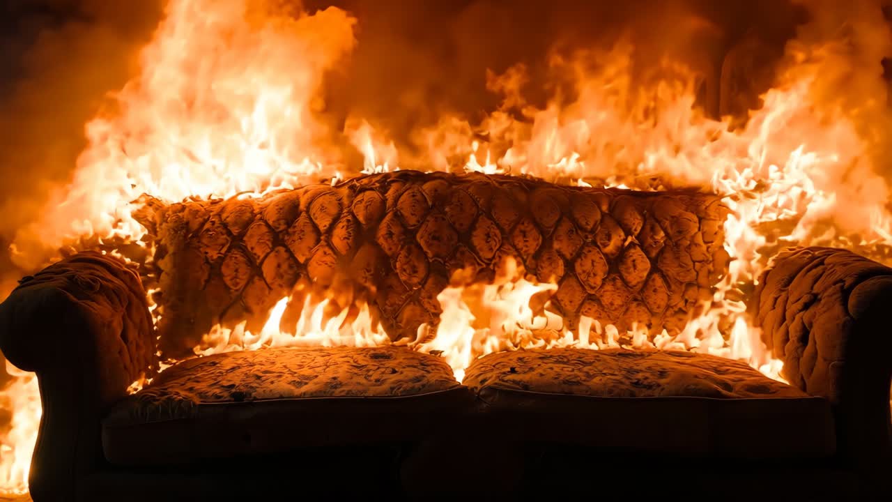 소파가 거실에서 불꽃에 싸여 있습니다.
