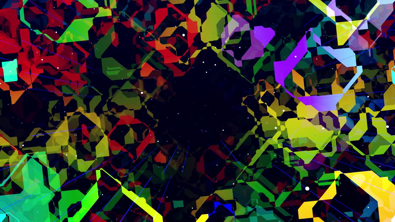 Bevægelsesgrafik abstrakt farverig loopende baggrund moderne kunst, flyver i kunstrum, flerlagsstruktur med mønster, glødende partikler og linjer. Ornamental tekstur regnbuegradientfarve. Motion design VJ-loop