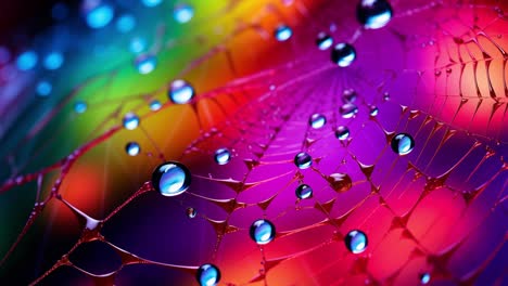 macro close up capturing sparkling water droplets clinging to a spiderweb, forming a mesmerizing display against a vibrant rainbow background filled with rich colors and intricate patterns