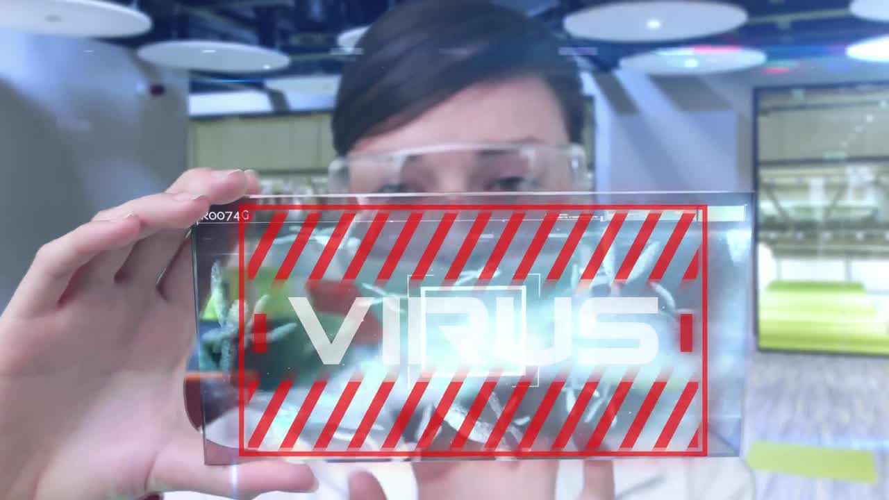 animación de un científico con una máscara protectora y con la palabra virus.