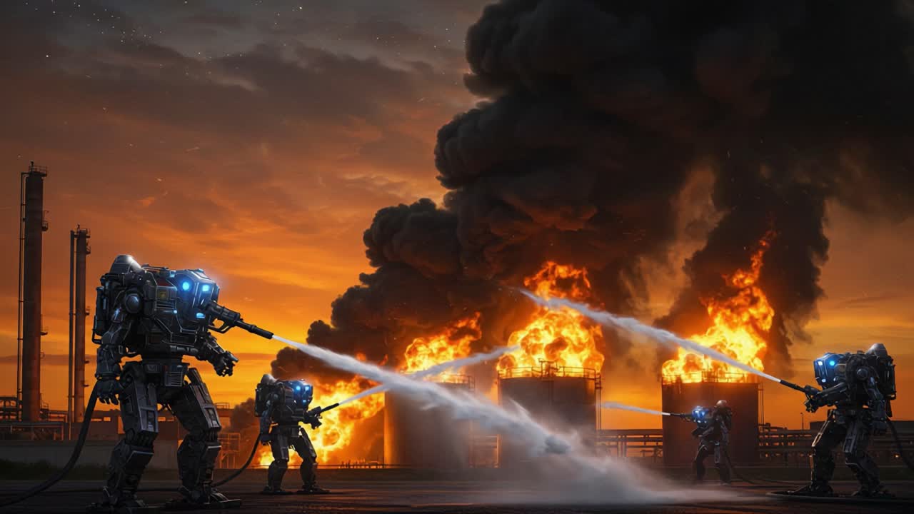 Futuristic Firefighters Employ High-Tech Equipment to Combat Explosive Blaze at Industrial Facility Amidst a Dramatic Sunset Sky