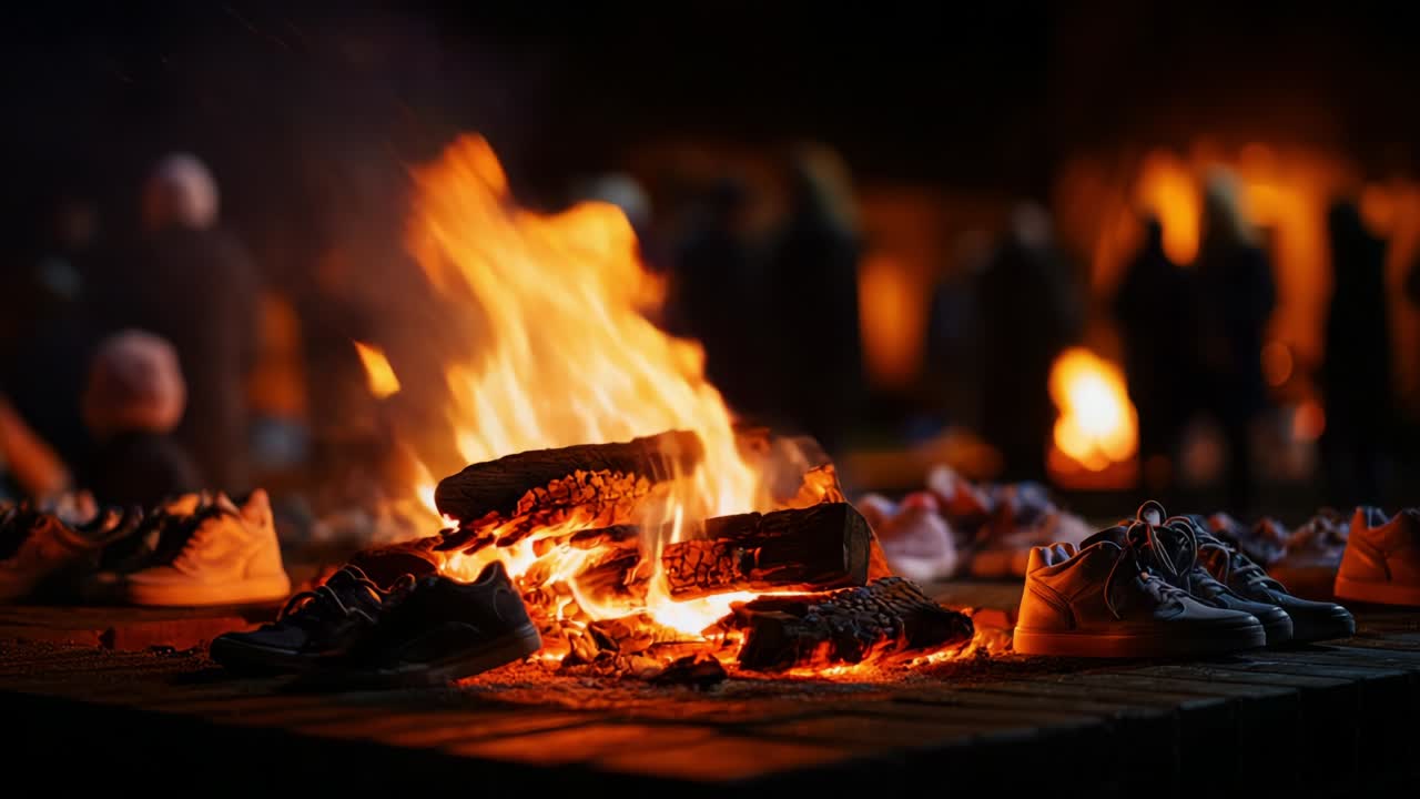 A Dynamic Scene of Burning Footwear: Capturing the Intense Heat and Flickering Flames as Sneakers are Emblazoned by an Outdoor Fire in a Night Gathering Amidst a Crowd of People