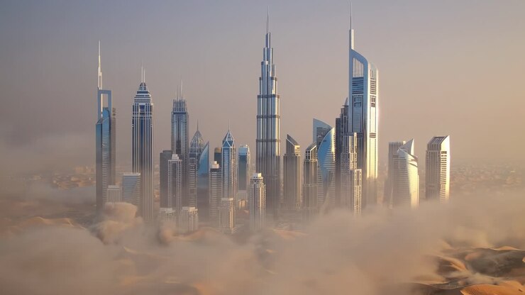 Skyline di Downtown Dubai con il Burj Khalifa e i grattacieli circostanti che emergono da uno spesso strato di nuvole basse all'alba, creando un paesaggio urbano mozzafiato