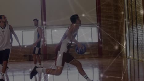 animación de redes de conexiones en un grupo de diversos jugadores de baloncesto en el gimnasio