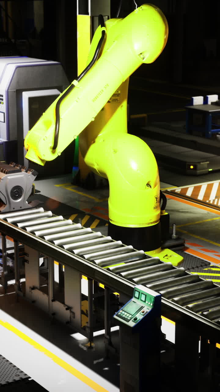 Industrial robots work on assembly line in a modern manufacturing facility