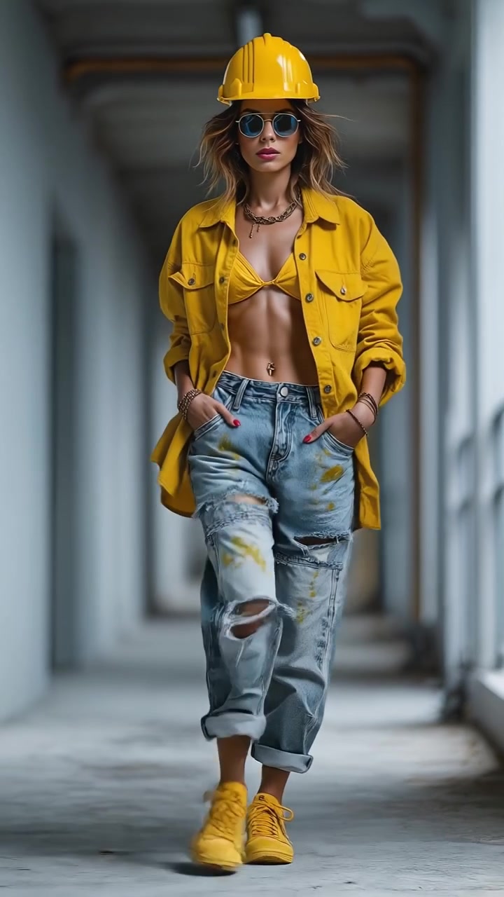 Donna alla moda che indossa un cappello e una giacca gialli mentre cammina attraverso un corridoio industriale di cemento.