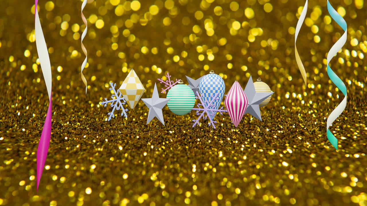 Animation of party streamers and christmas decorations