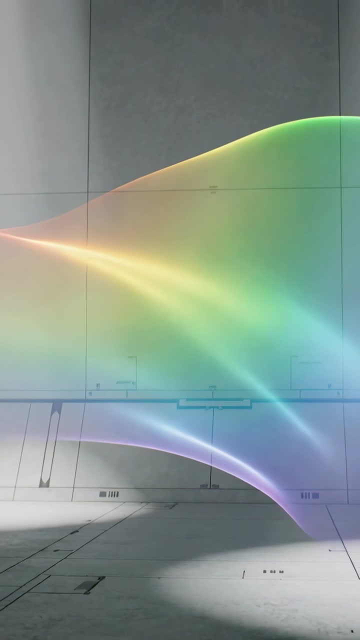 Vertical video: Entering lower-left rainbow ribbon drifting across gray studio touching wall panels