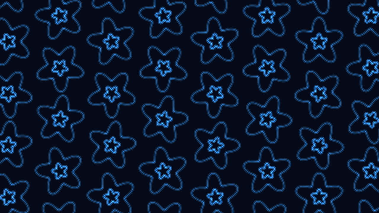 Imagens abstratas de contornos de estrelas de néon azuis repetidas em um fundo escuro, movimento de padrão contínuo para festas, feriados, crianças e projetos de design futuristas.