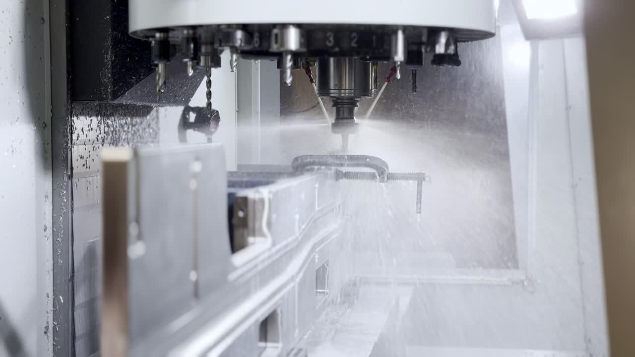 Primo piano di una macchina CNC che fresa con precisione una piastra di alluminio durante il processo di produzione.
