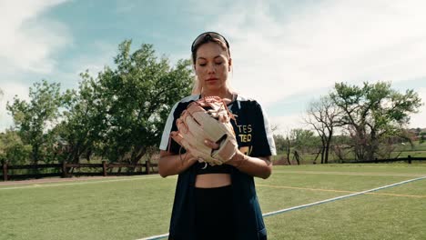 A-wide-gimbal-shot-of-a-female-softball-athlete-posing-with-her-baseball-glove-on-a-practice-field