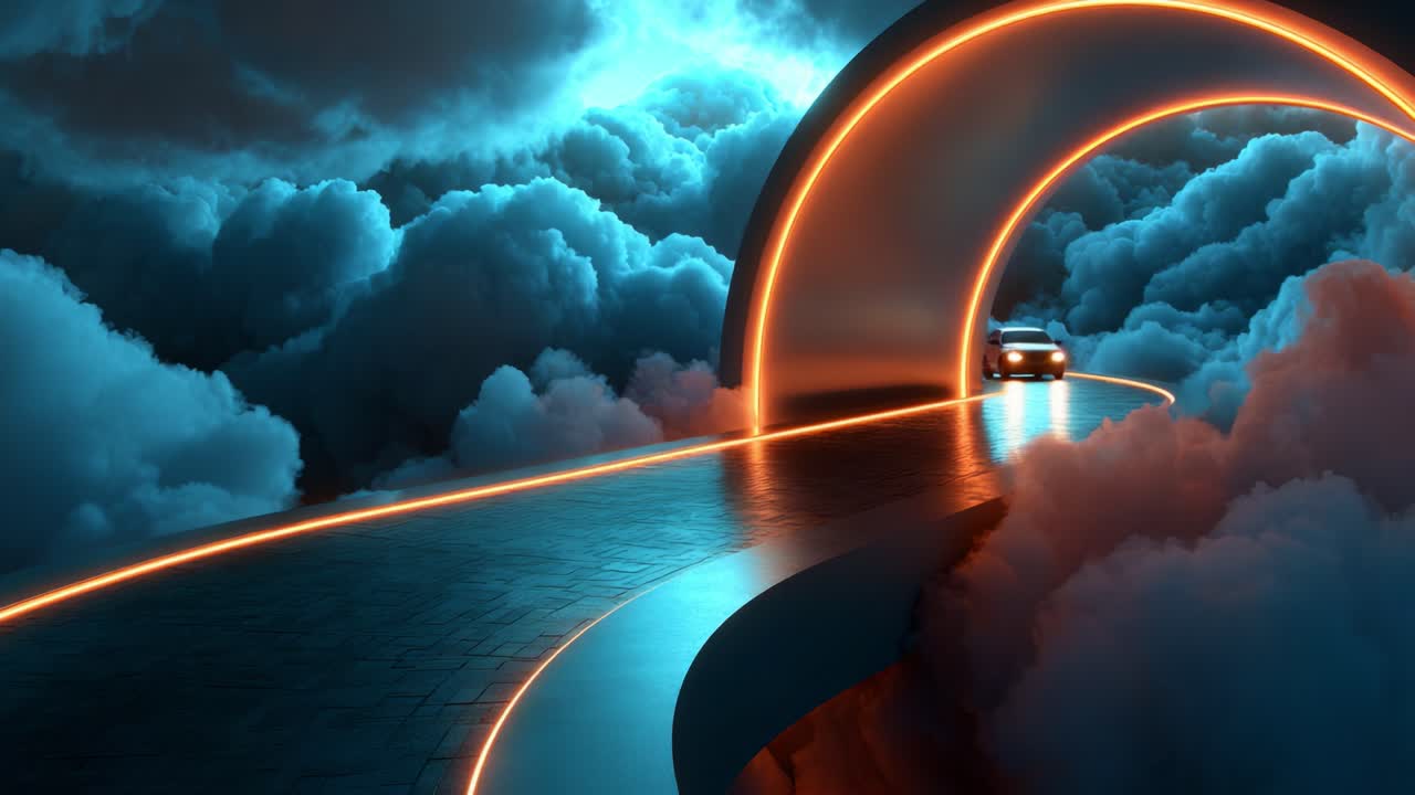 A surreal journey through an ethereal landscape where a sleek vehicle travels along a luminous path, emerging from vibrant clouds illuminated by striking orange lights, inviting exploration of the unknown
