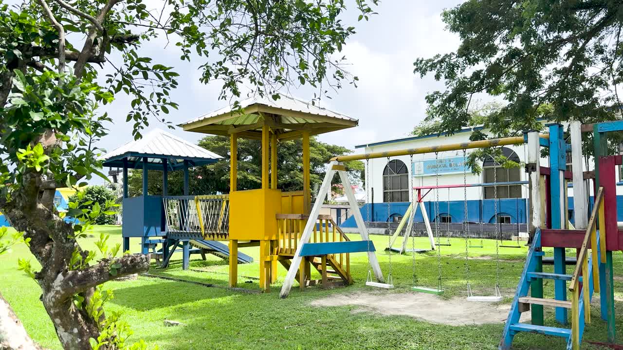 Plano geral estático de um vibrante trepa-trepa e balanços sob o sol tropical brilhante.