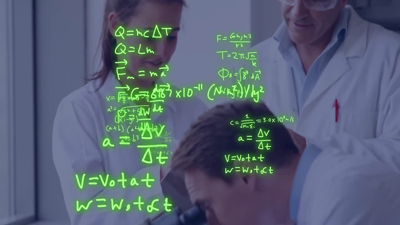 Animation of scientific data processing over caucasian scientists in laboratory