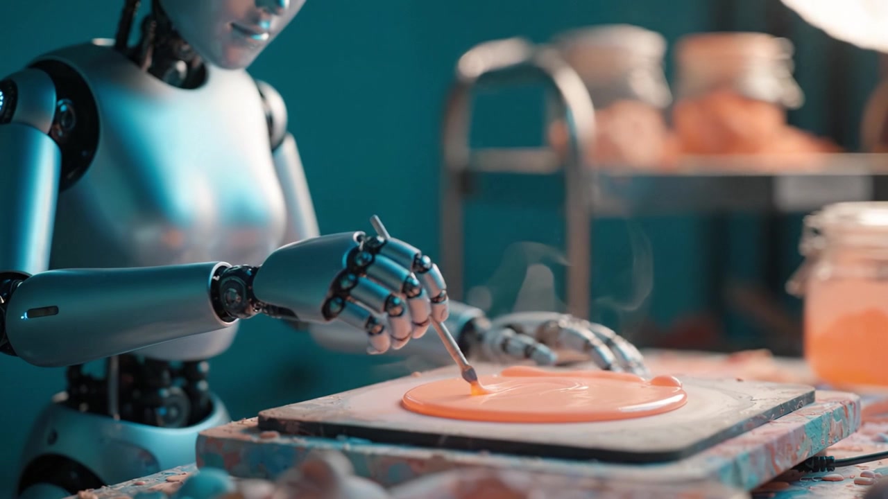 Innovative Robot Artist Crafting Intricate Patterns with Precision on a Colorful Surface, Showcasing Advanced Robotics and Artistic Expression in the Modern Age