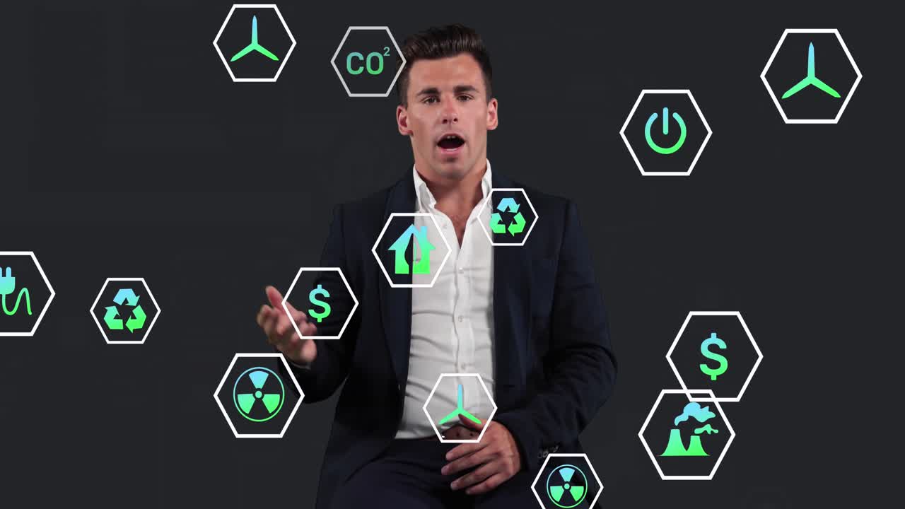 animación de múltiples iconos digitales contra el hombre de negocios caucásico hablando mirando a la cámara