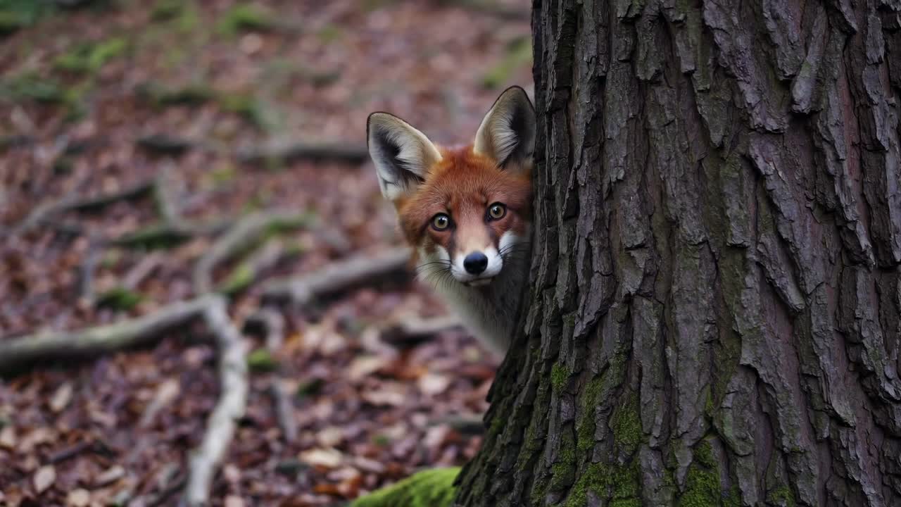 A curious fox peeks from behind a tree in a forest, captured at eye level