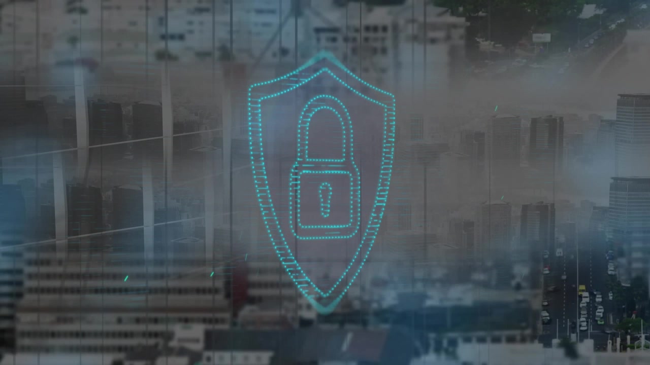 Animazione di elaborazione dati finanziari su persone d'affari che camminano e su un ufficio.