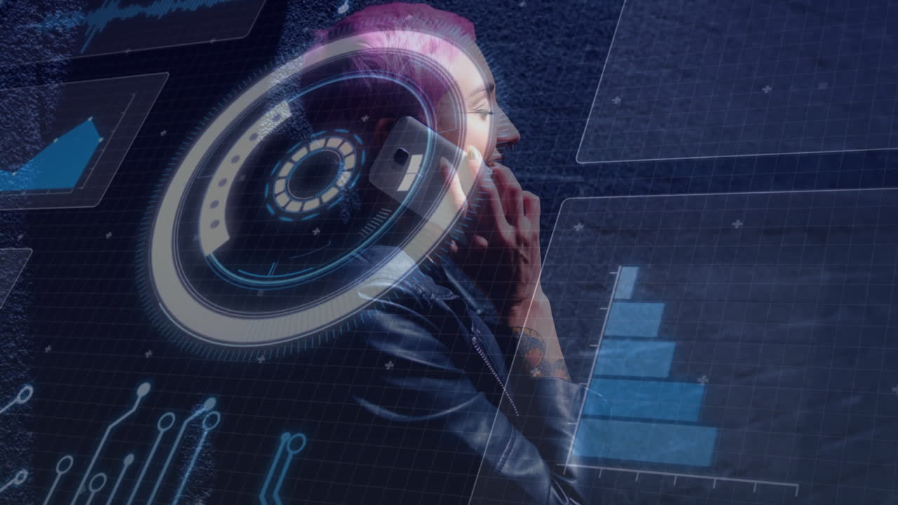 Animation of futuristic data graphics overlay while person using smartphone in school