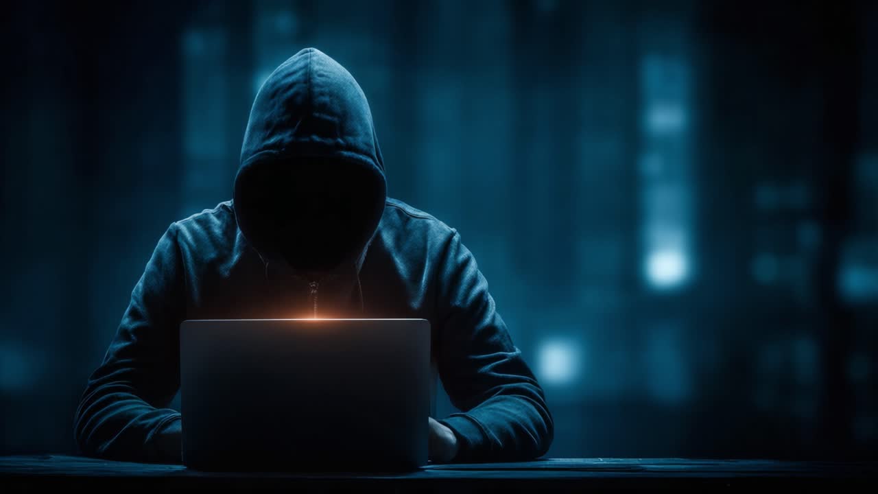 Una figura misteriosa con una felpa con cappuccio impegnata in un'intensa attività al computer, circondata da un'aura sfocata di immagini blu tenue, che suggerisce un contesto digitale o cibernetico.