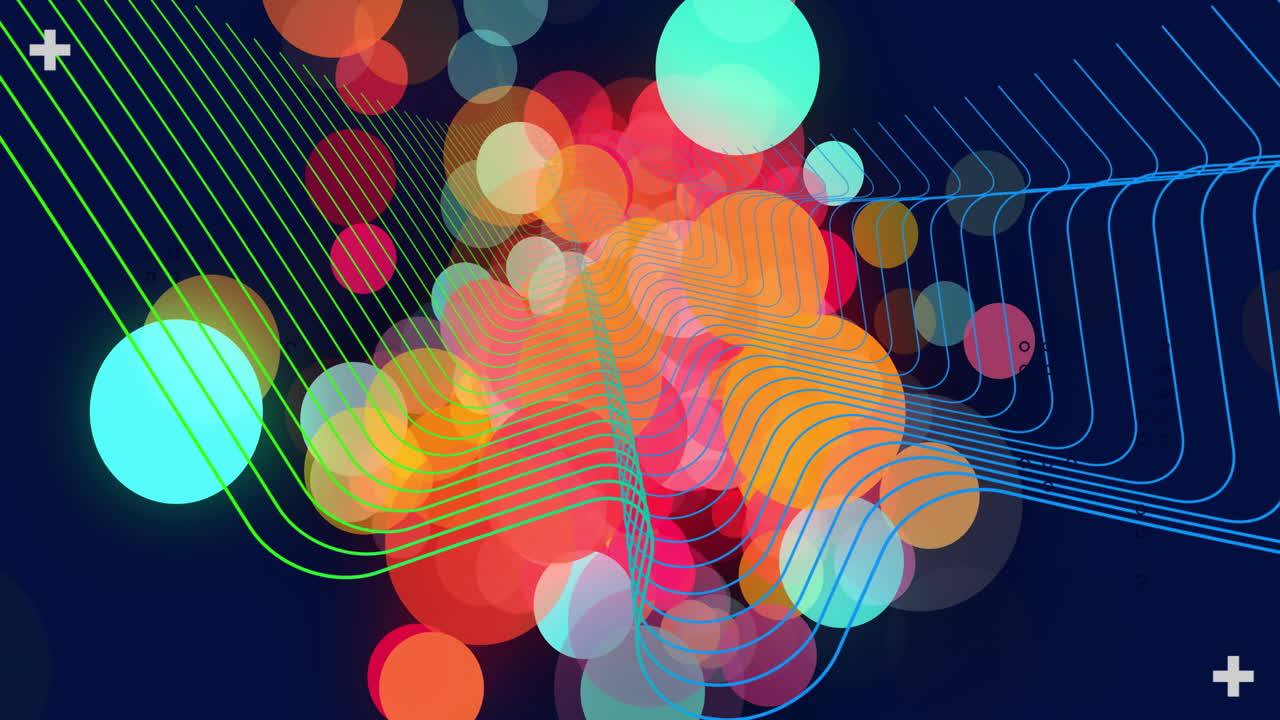 Forming abstract shapes, colorful circles and lines animate over dark blue background