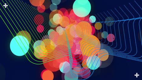 forming abstract shapes, colorful circles and lines animate over dark blue background